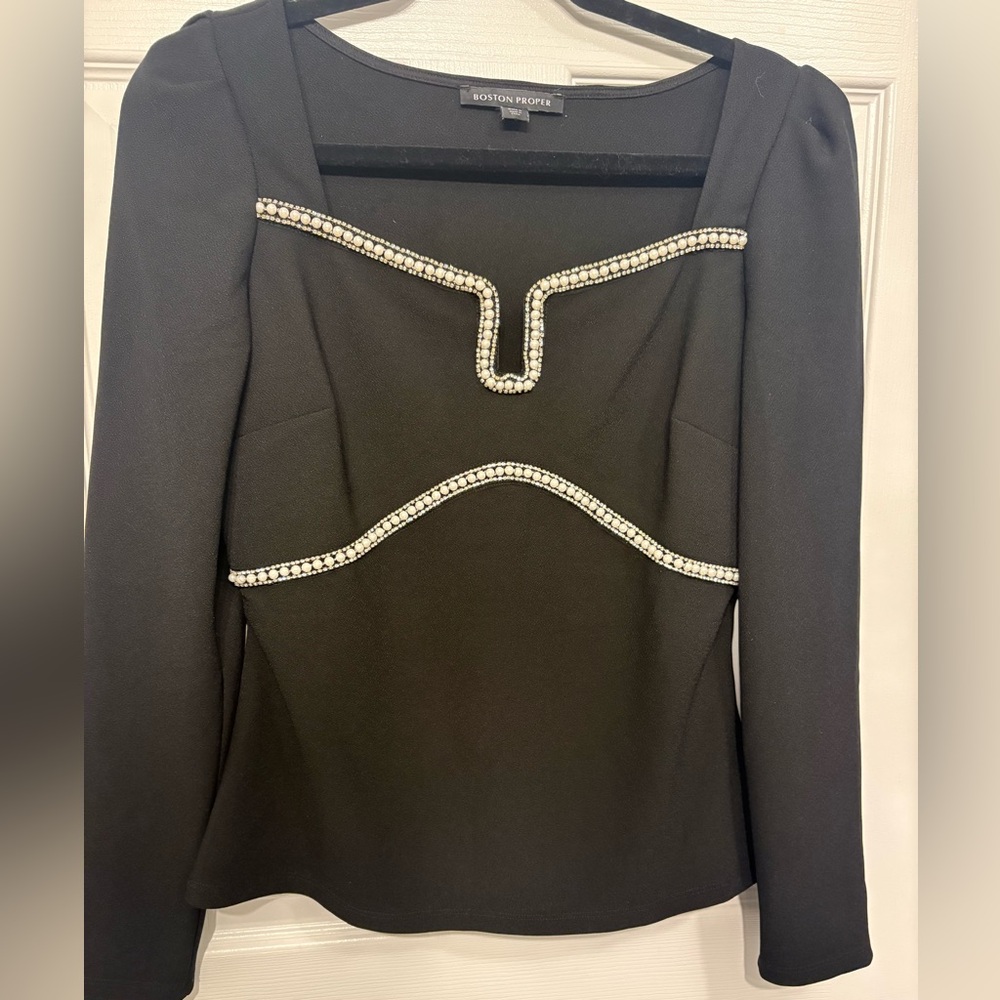 Boston Proper Black Blouse with White Trim
